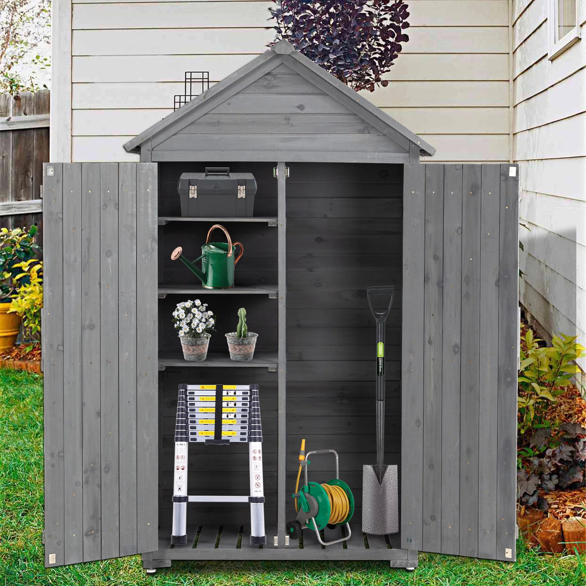 Outdoor Wood Storage Cabinet with Shelves and Latch C231