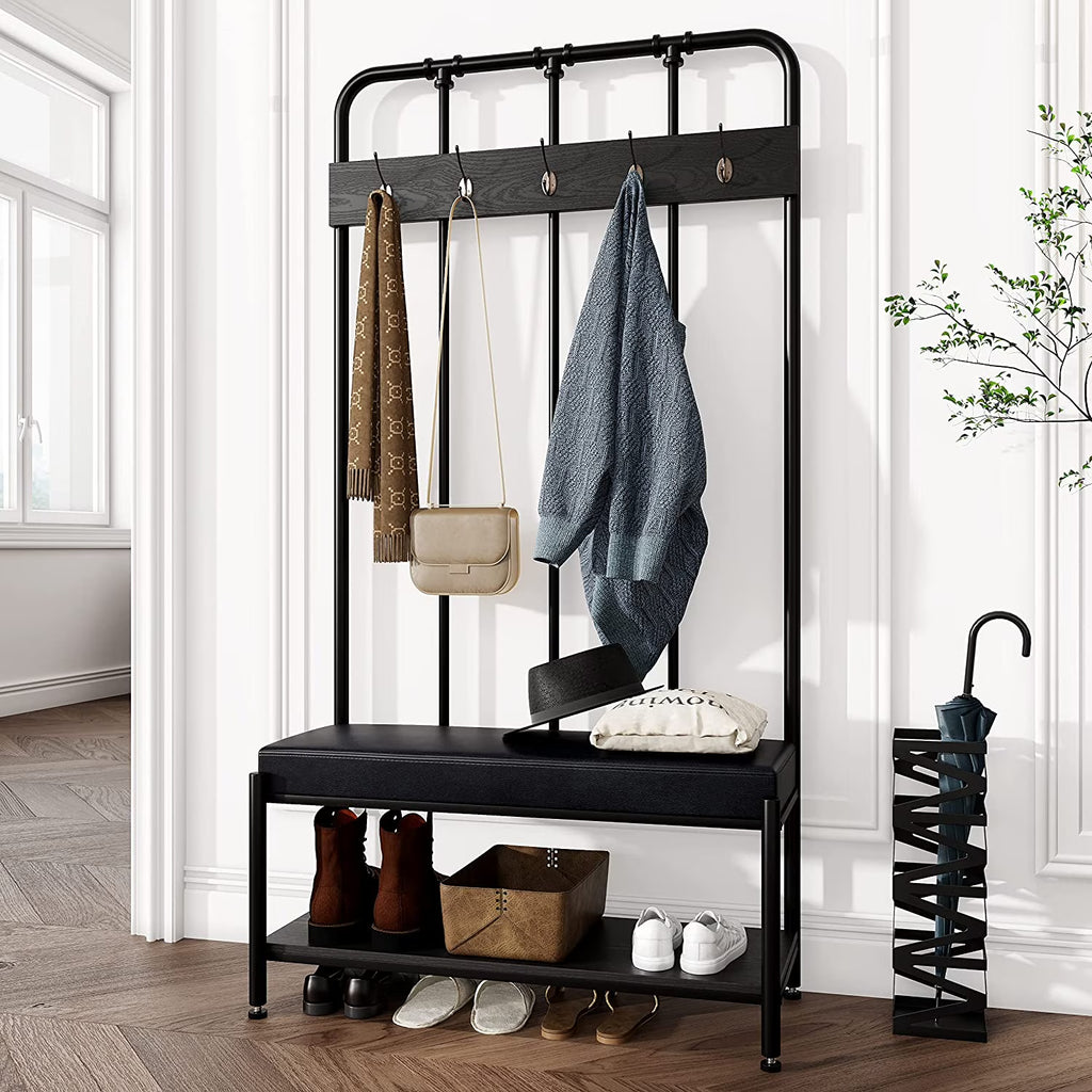 Black Freestanding Hall Tree with Storage Shelves T117