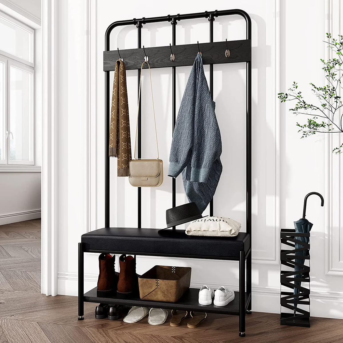 Black Freestanding Hall Tree with Storage Shelves T117