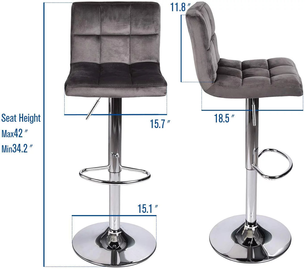 Set of 2 Gray Velvet Adjustable Swivel Bar Stool F6926