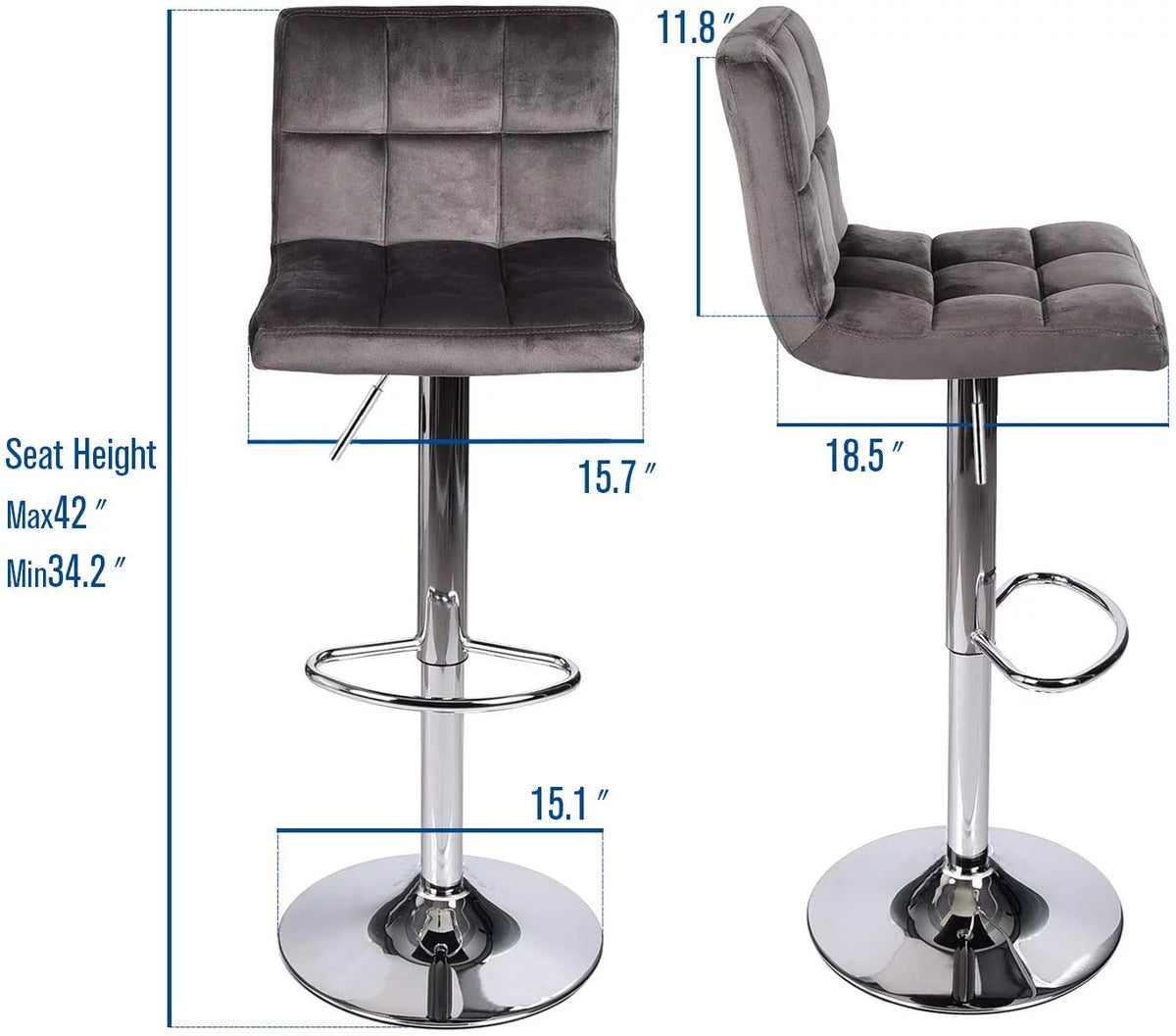 Set of 2 Gray Velvet Adjustable Swivel Bar Stool F6926