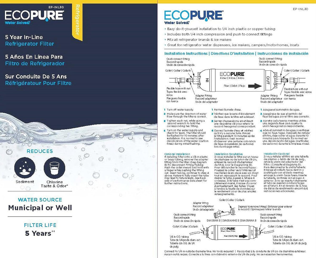 White In-Line Refrigerator Filter & Braided Stainless Steel Ice Maker Connector, 1/4 inch, 5 Ft E908