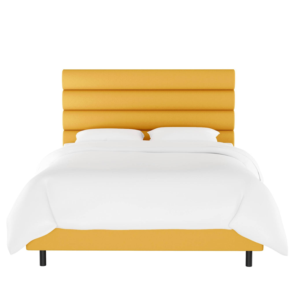 Queen Horizontal Channel Bed Yellow Velvet J7367
