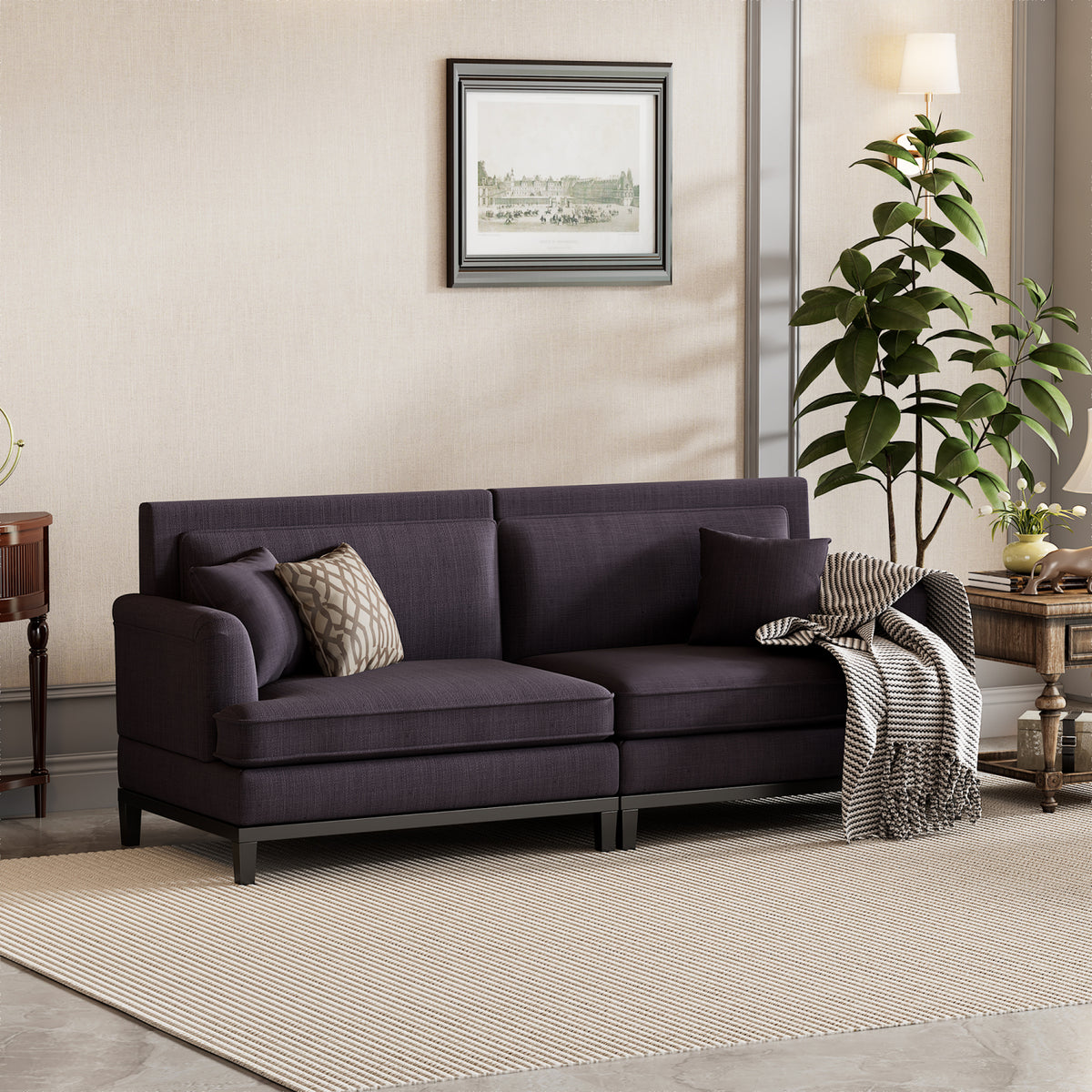 Gray Upholstered Loveseat Sofa with Wooden Legs and Two Throw Pillows I969