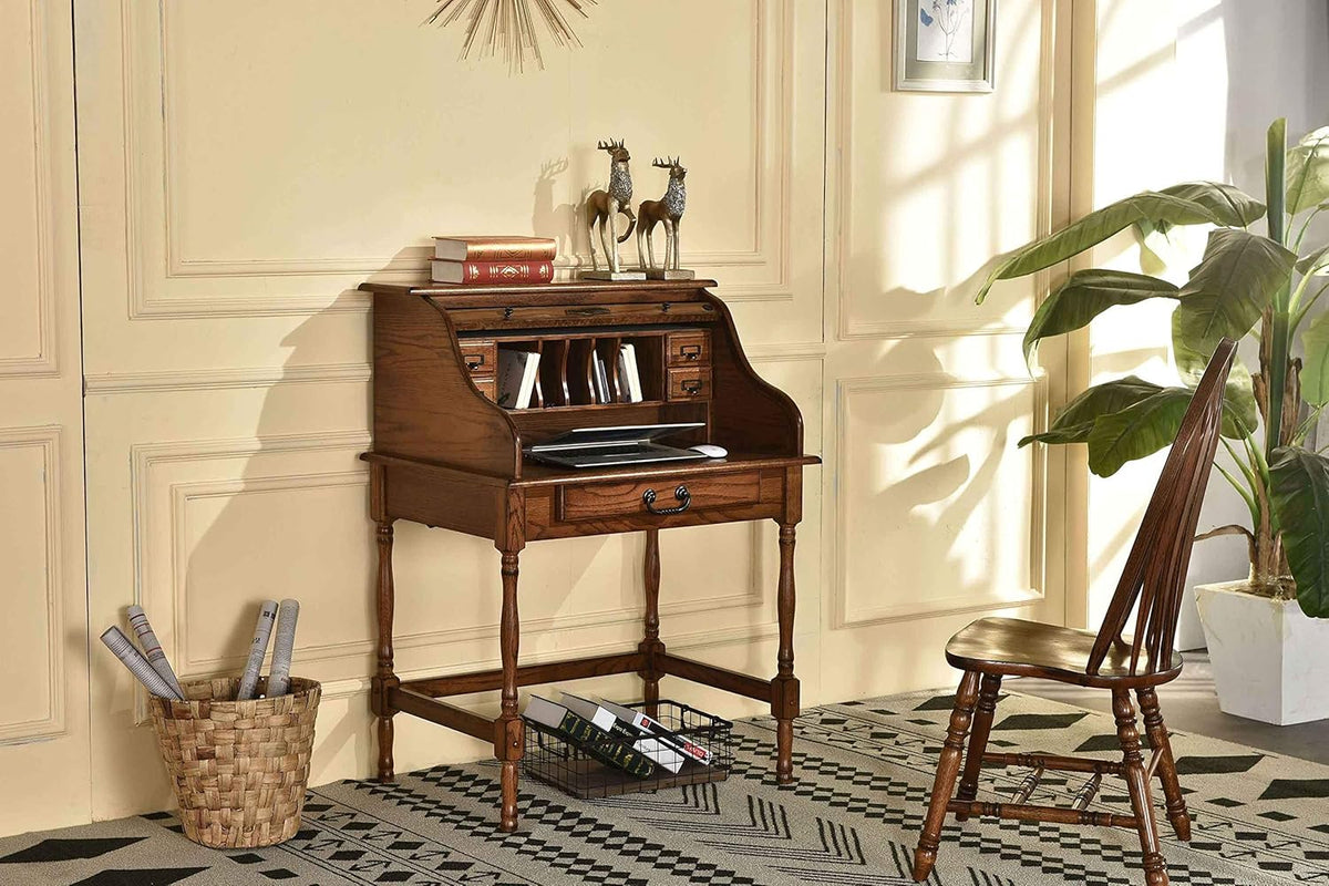 Mini Roll Top Desk Solid Oak Wood Burnished Walnut Finish R6677
