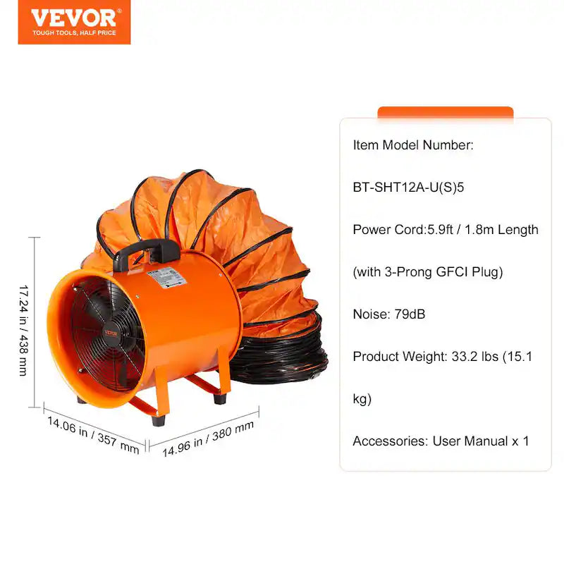 12 in. Heavy Duty Portable Blower Fan with Duct Hose N938689