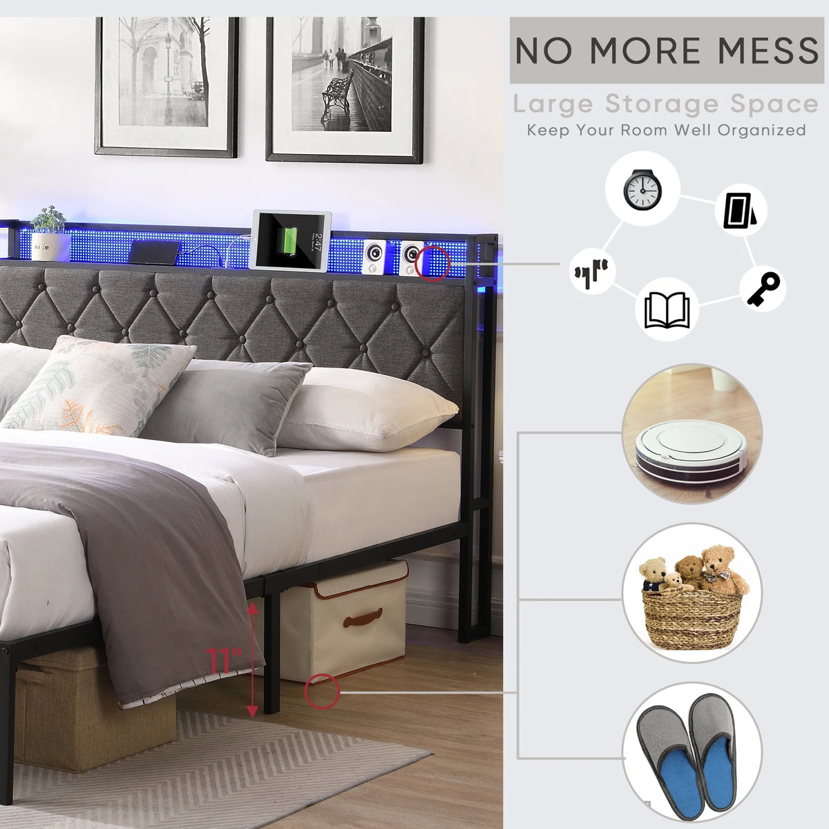 Full Size Upholstered Platform Bed with Storage Headboard S26693