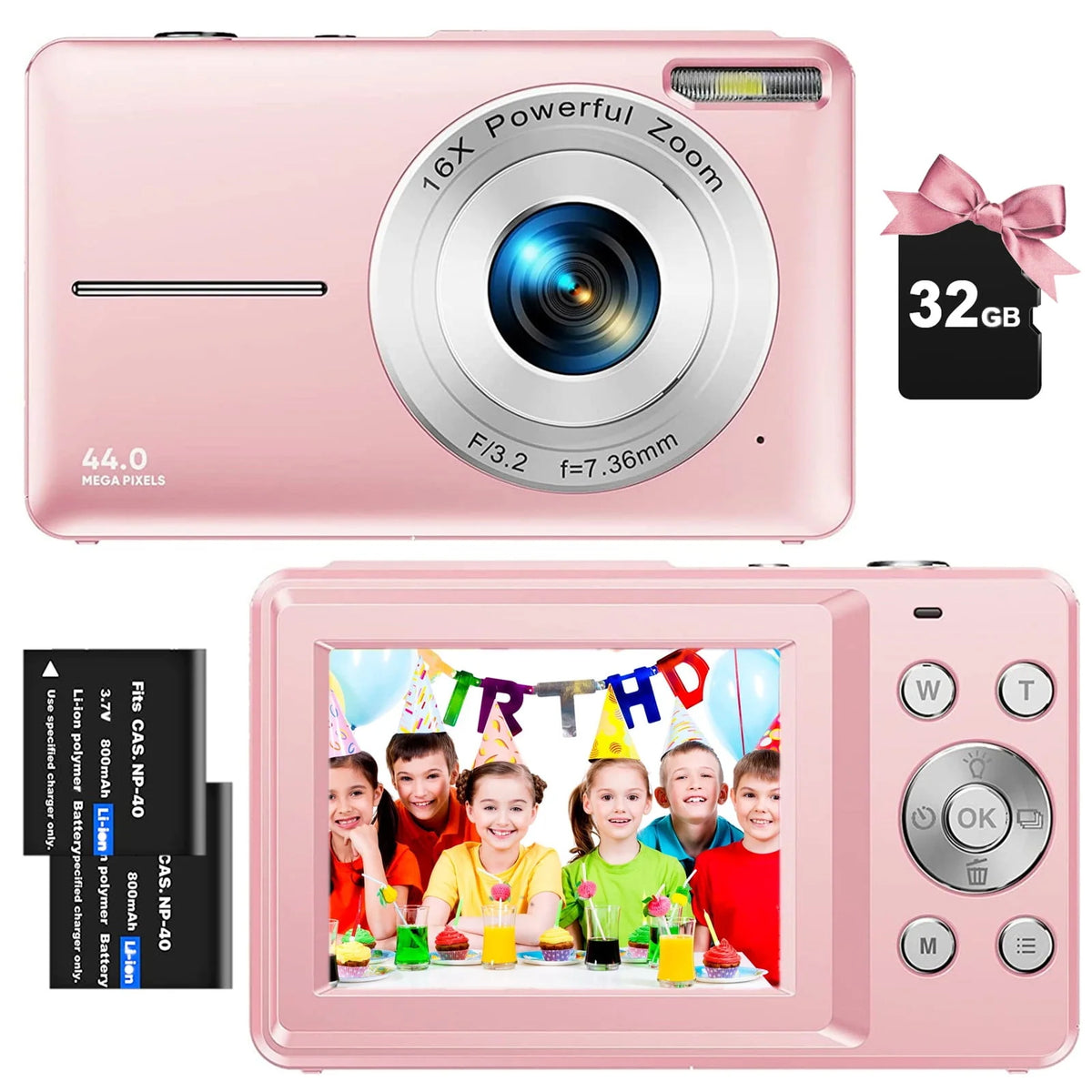 Black 1080P 44MP Kids Digital Camera with 16X Zoom W7228