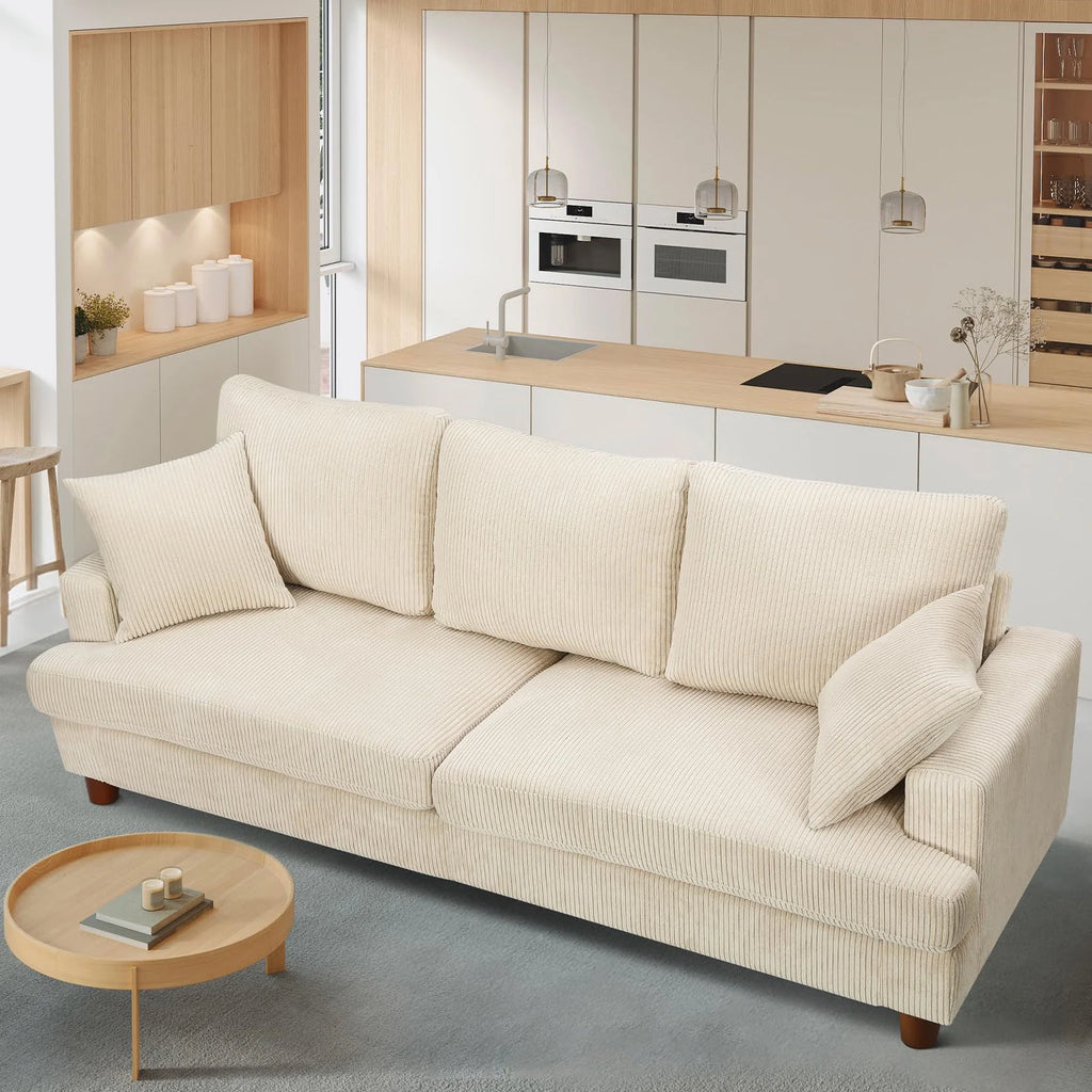Beige 87" Corduroy 3 Seater Sofa with 2 Pillows H19363
