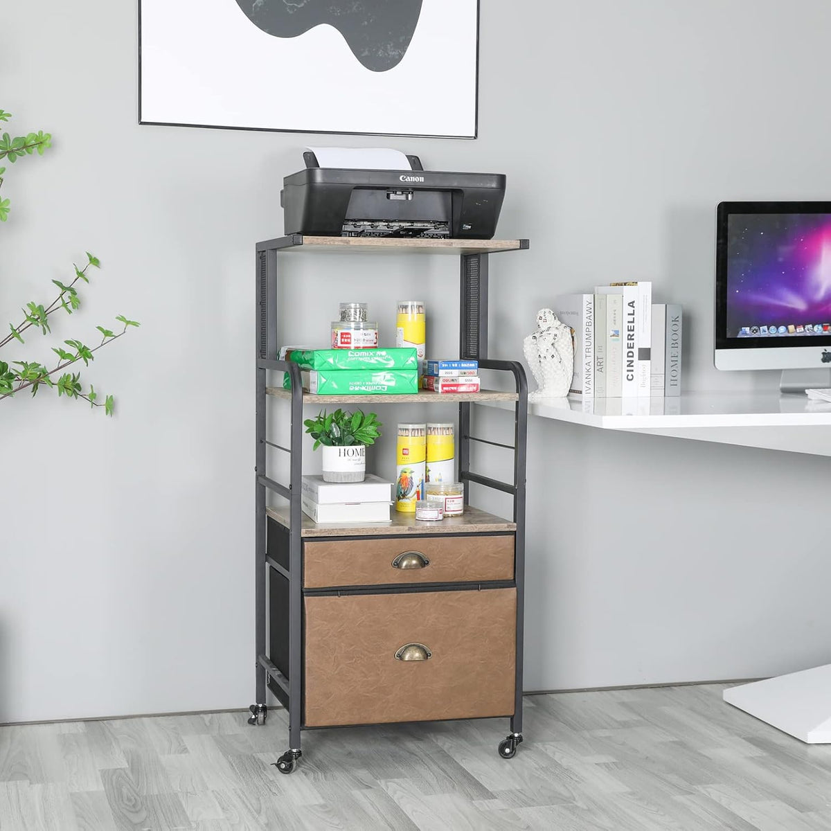 Mobile Printer Stand with File Cabinet, 3 Tier Rolling Cart with 2 Drawers Y58656