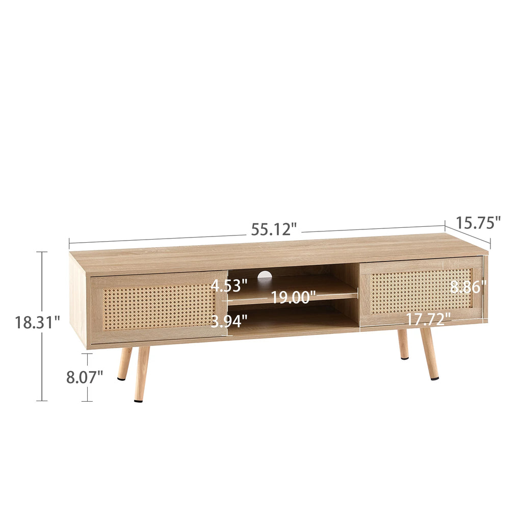 55.12" Rattan TV Cabinet with Sliding Doors and Adjustable Shelf V6633