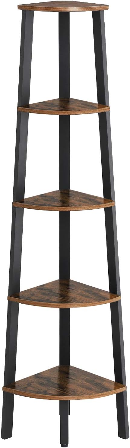 Rustic Dark Brown 5-Tier Ladder Shelf with Metal Frame D725
