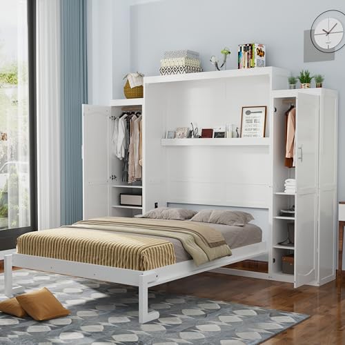 Queen Murphy Bed with 2 Wardrobes and Storage Shelf White B118469