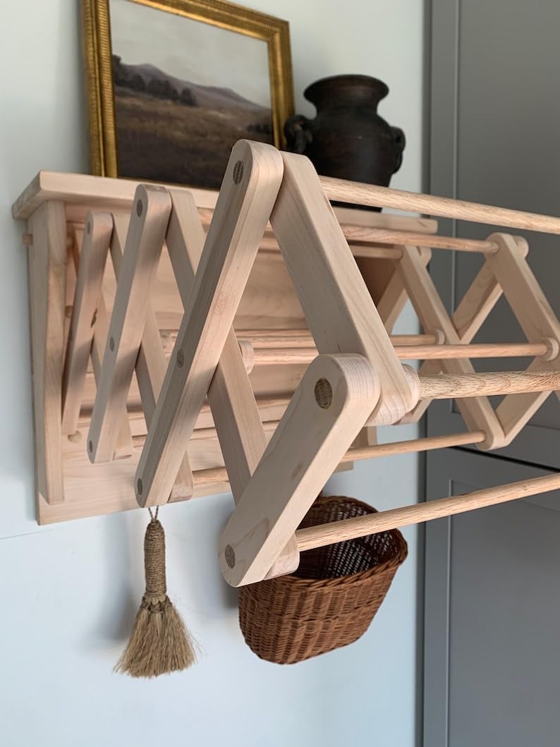 21” x 16” Collapsable Wooden Wall Mounted Drying Rack with Peg Hooks A2347