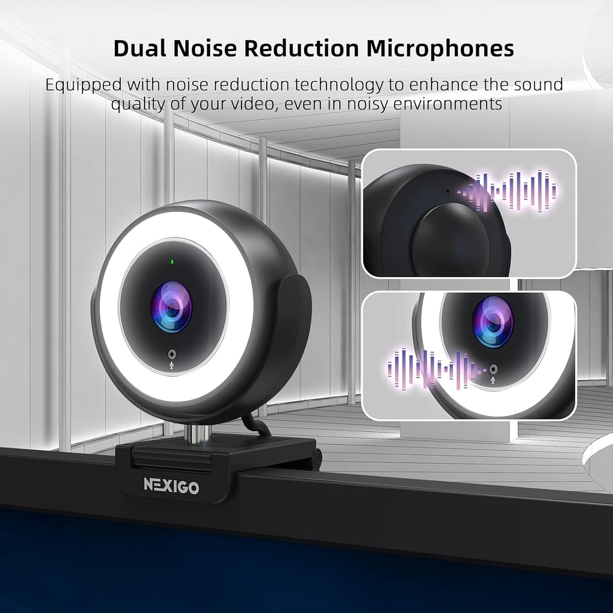 1080P Webcam with Ring Light, Privacy Cover, Noise Reduction Mics, Black S73776