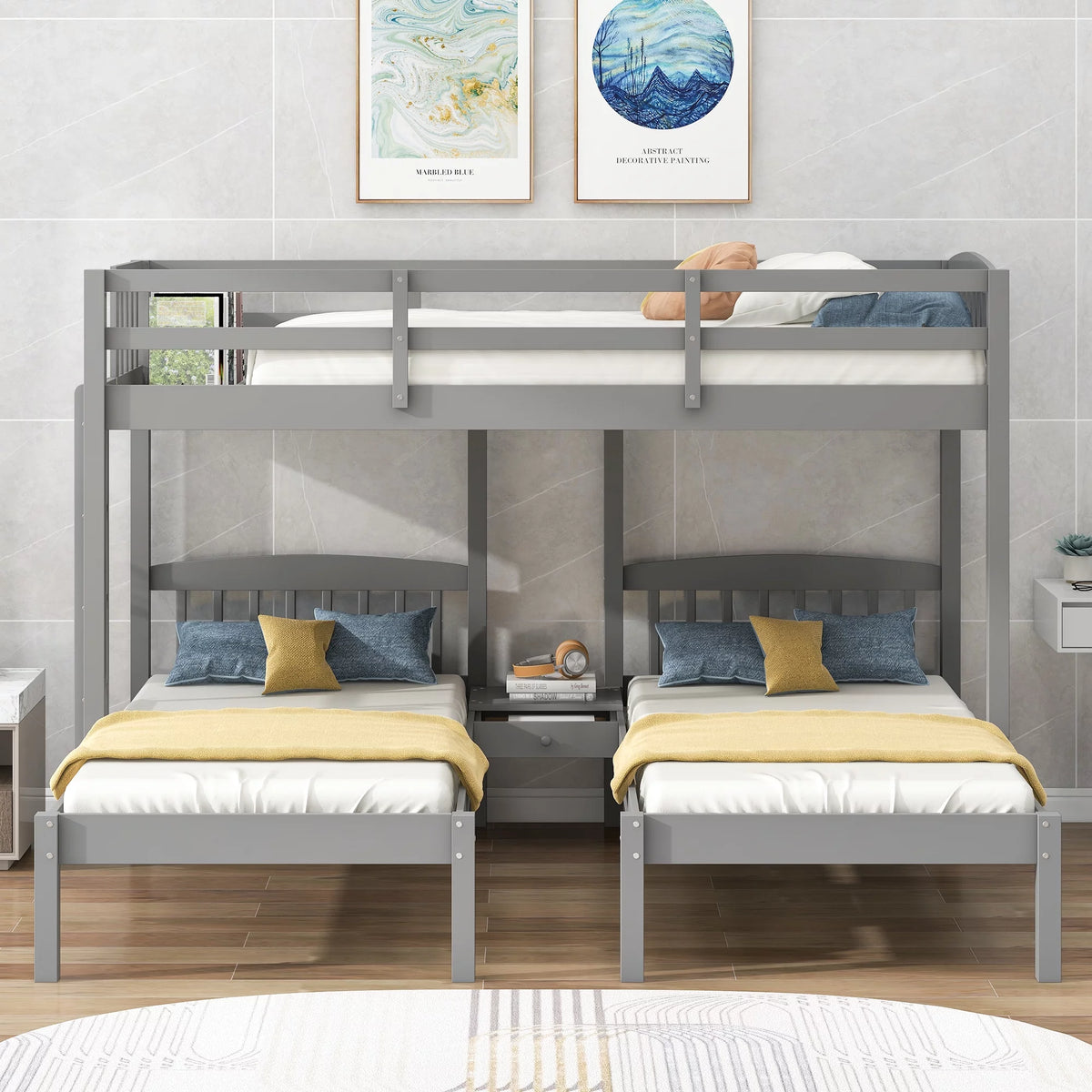 Triple Twin Solid Wood Bunk Beds with Guardrail and Ladder and Built-in Middle Drawer T61361