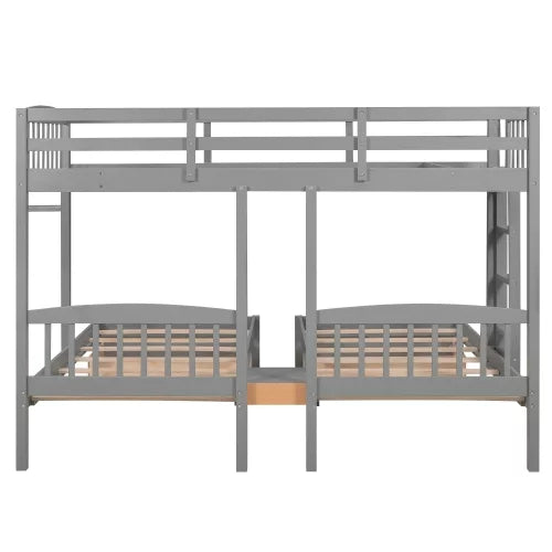 Triple Twin Solid Wood Bunk Beds with Guardrail and Ladder and Built-in Middle Drawer T61361