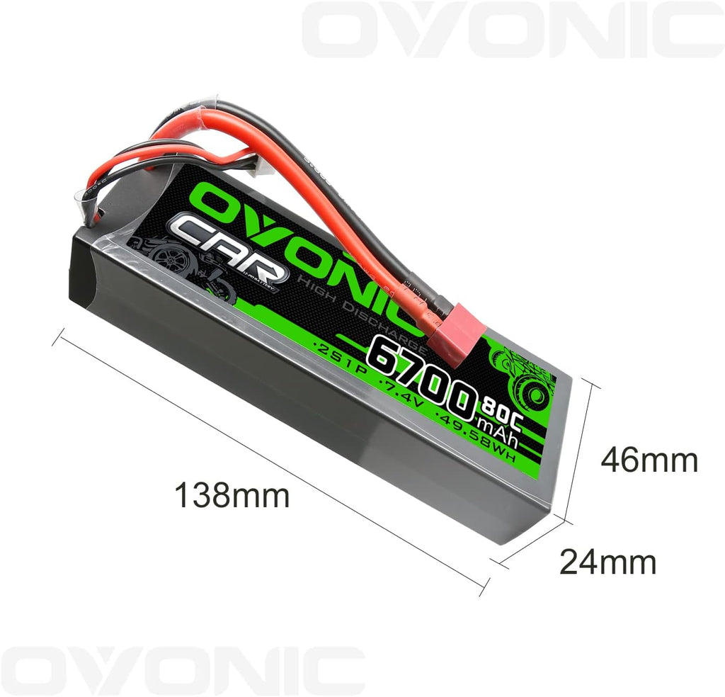 2S Lipo Battery 80C 6700mAh 7.4V Hard Case with Dean-Style T Connector for RC Car (2 Packs) G80077