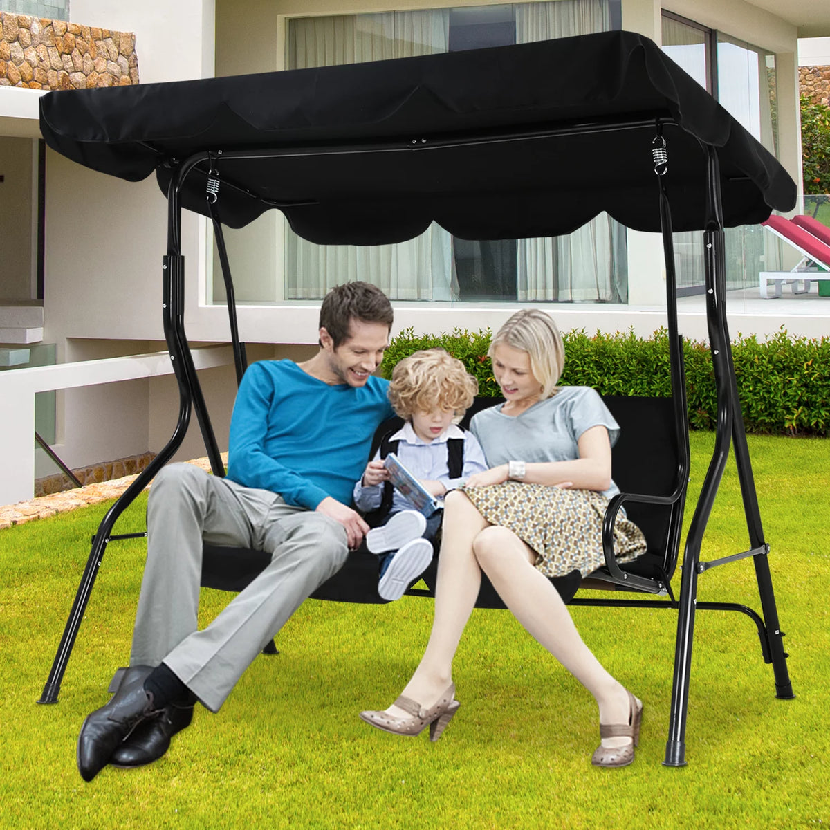 Black Outdoor Swing with Canopy and Cushions C256562