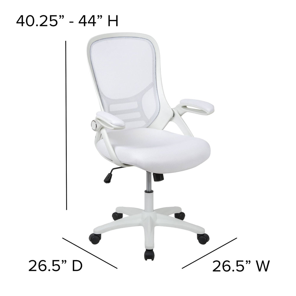 White High Back Mesh Ergonomic Swivel Office Chair with Flip Up Arms O631307