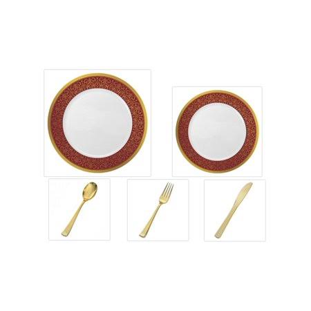 White Burgundy Gold Border Plastic Dinner Plates Salad Plates Cutlery X877919
