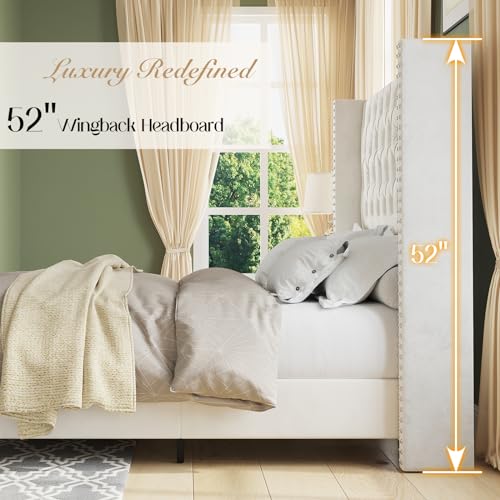 King Upholstered Bed Frame with Tall Headboard Wingback Platform Bed Tufted Deep Button Velvet Light Grey C724306