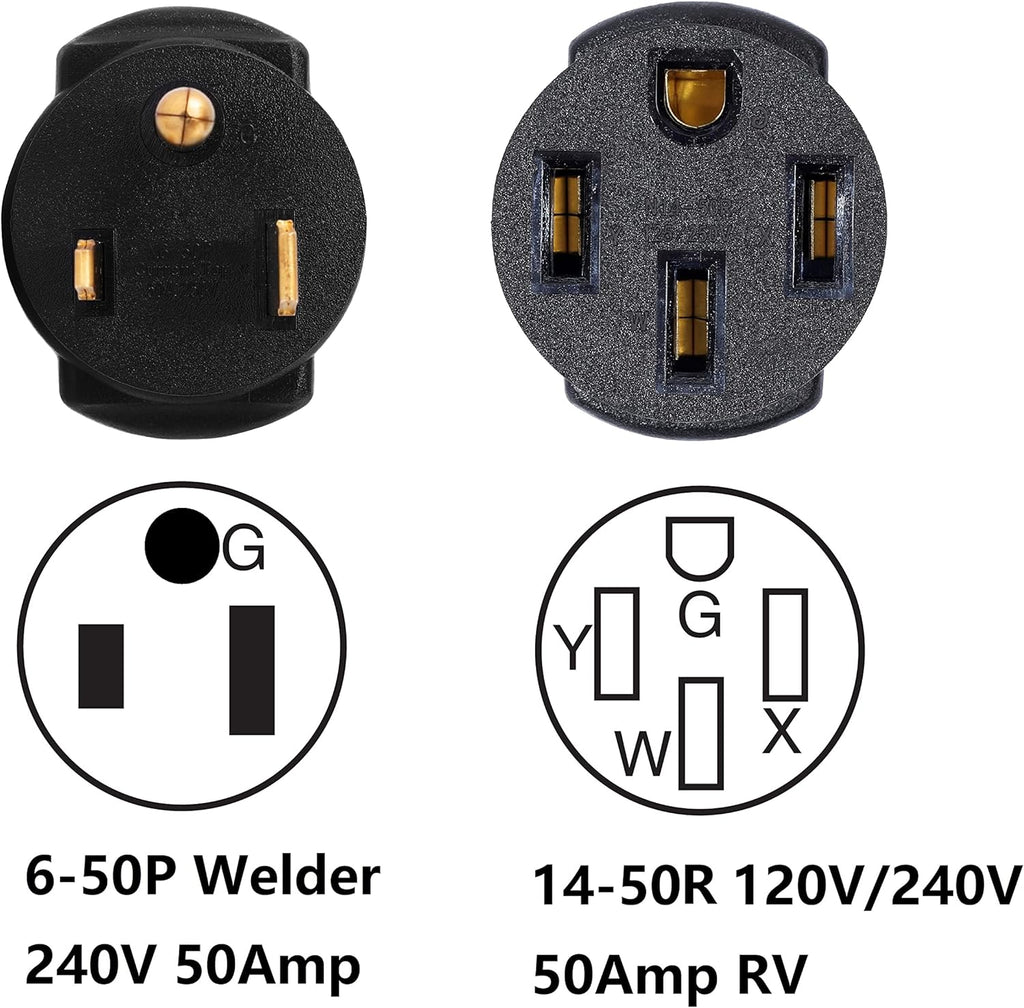 Compact 50 Amp 3 Prong Male Plug to 4 Prong Female Receptacle Power Cord Adapter Connector W4351