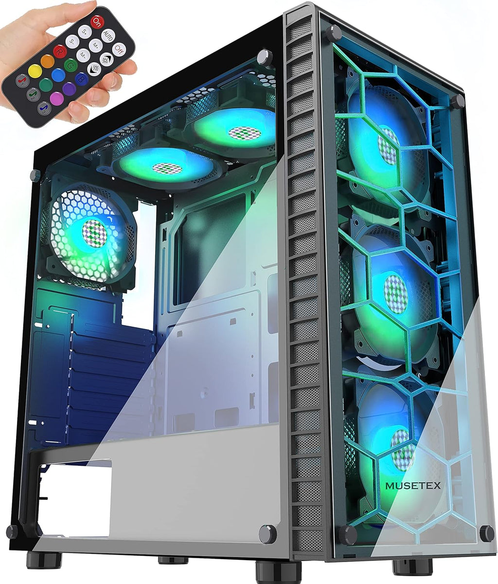 Black ATX Mid-Tower Computer Case with 2 Tempered Glass Panels and 6pcs 120mm ARGB Fans T42551