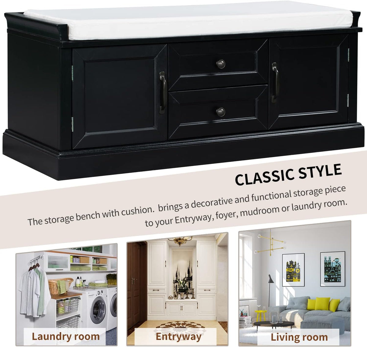 Black Storage Bench with 2 Drawers and 2 Cabinets with Removable Cushion G28125