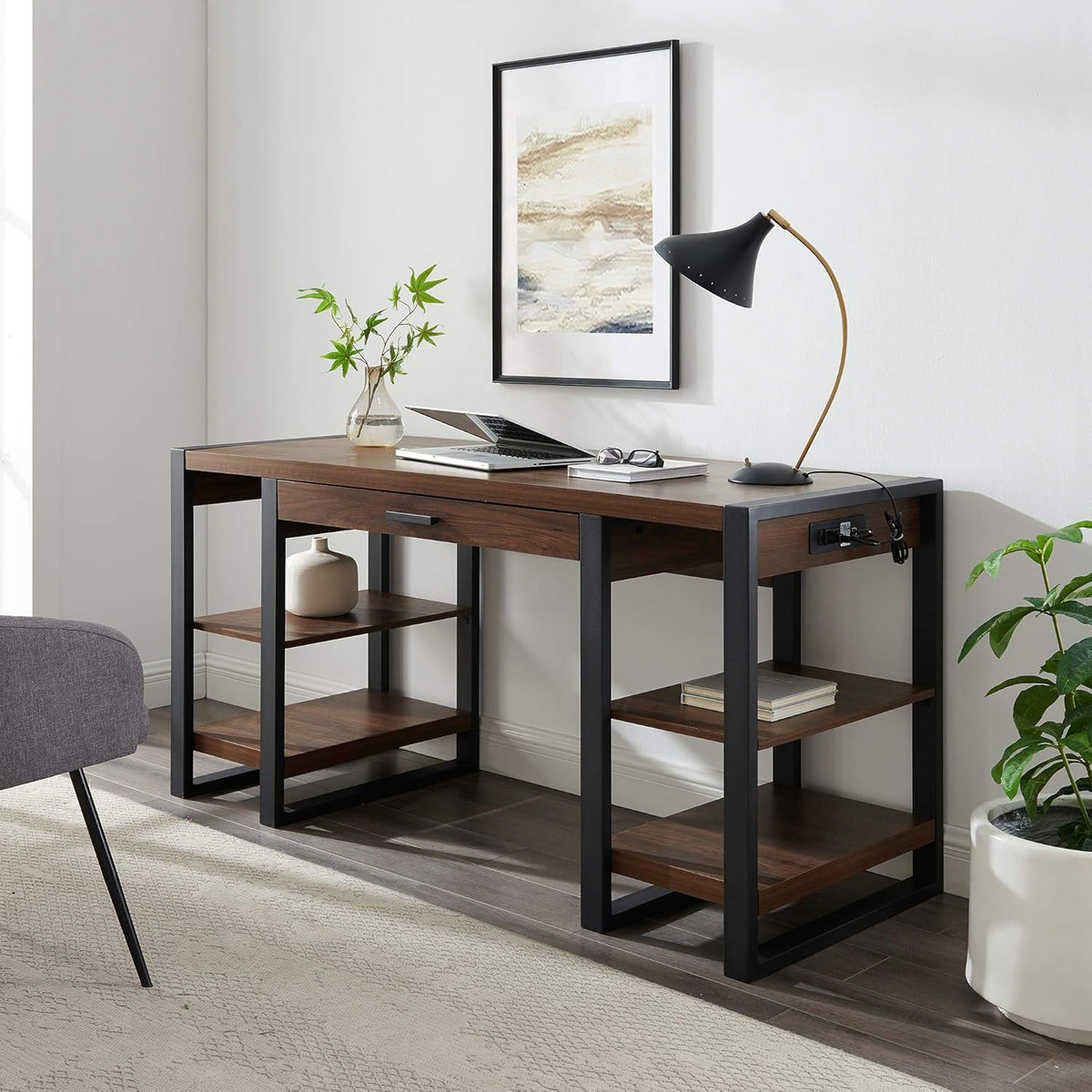 48 Inch Charcoal Computer Gaming Desk with Storage Shelves and Drawer L358