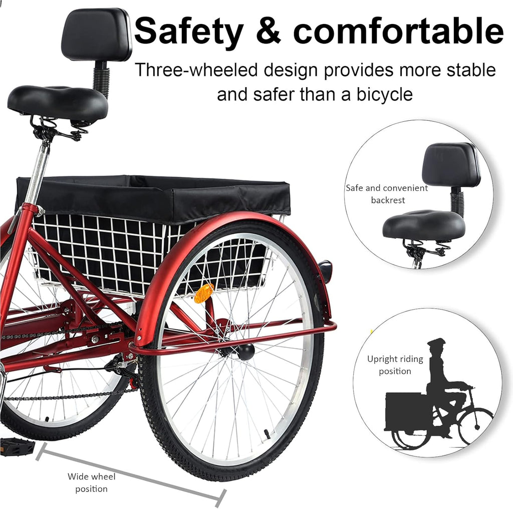 26 Inch 7 Speed Three Wheel Adult Tricycle with Large Basket S23515