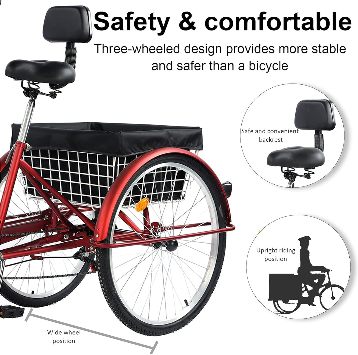 26 Inch 7 Speed Three Wheel Adult Tricycle with Large Basket S23515