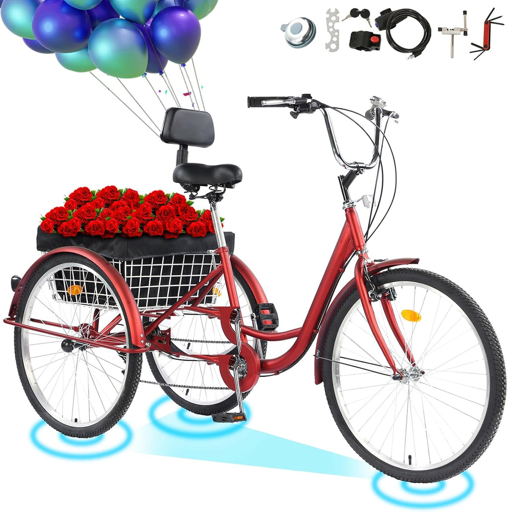 26 Inch 7 Speed Three Wheel Adult Tricycle with Large Basket S23515