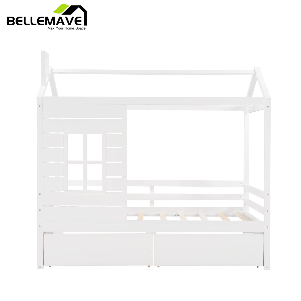 White Twin Size Wooden House Bed with Drawers and Guard Rails Z78244