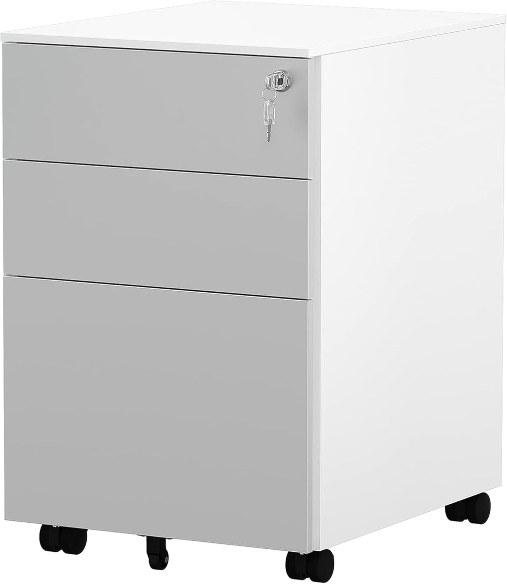 White 3 Drawer Metal File Cabinet with Lock and Wheels D945606