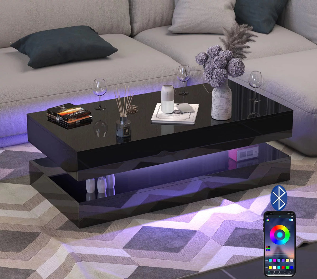 LED Coffee Table with 2 Storage Drawers, High Gloss Black Z570