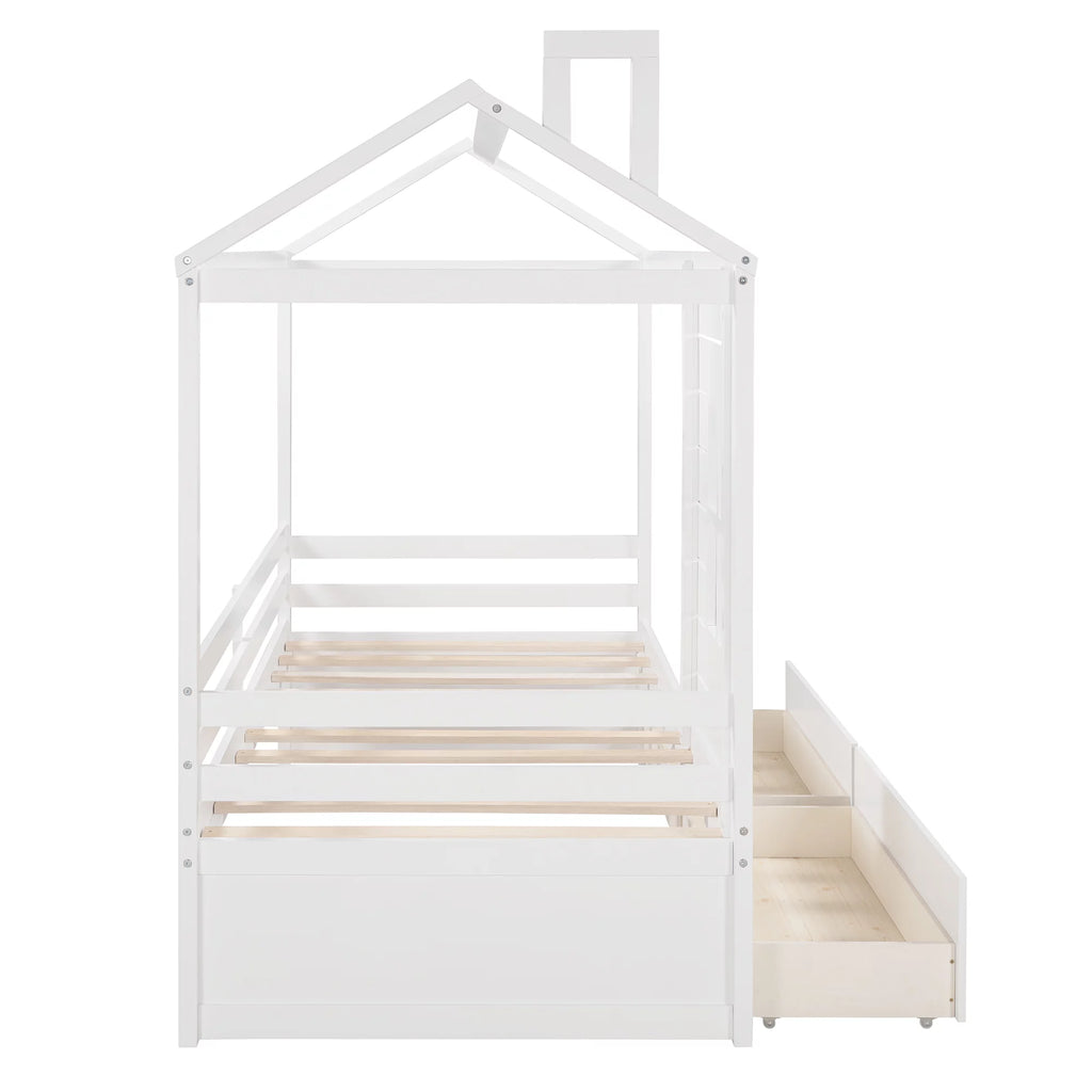 White Twin Size Wooden House Bed with Drawers and Guard Rails Z78244