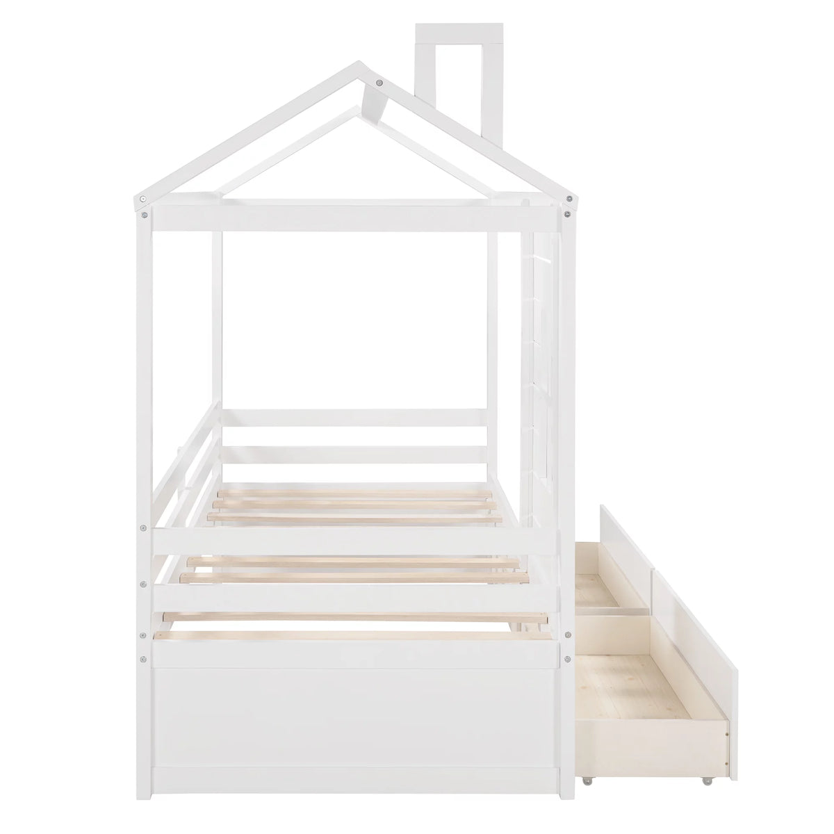 White Twin Size Wooden House Bed with Drawers and Guard Rails Z78244