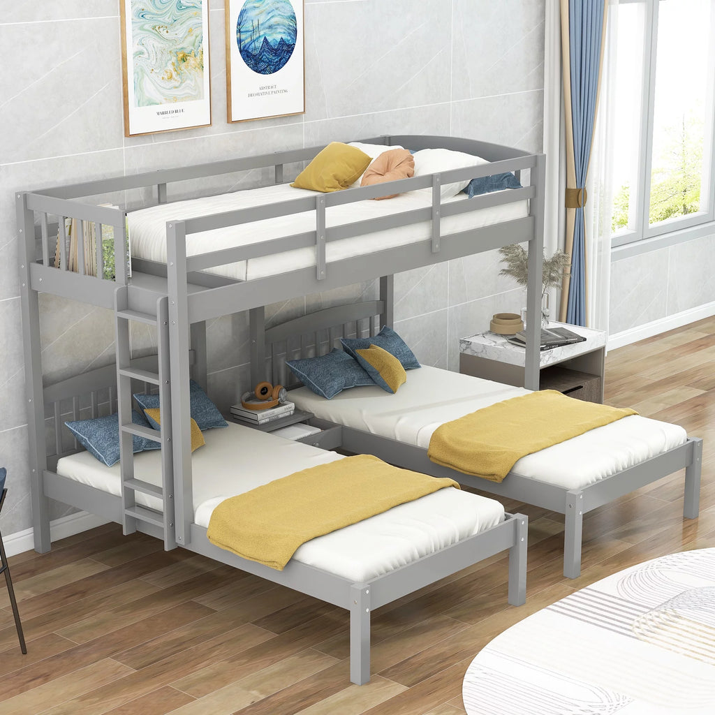 Triple Twin Solid Wood Bunk Beds with Guardrail and Ladder and Built-in Middle Drawer T61361
