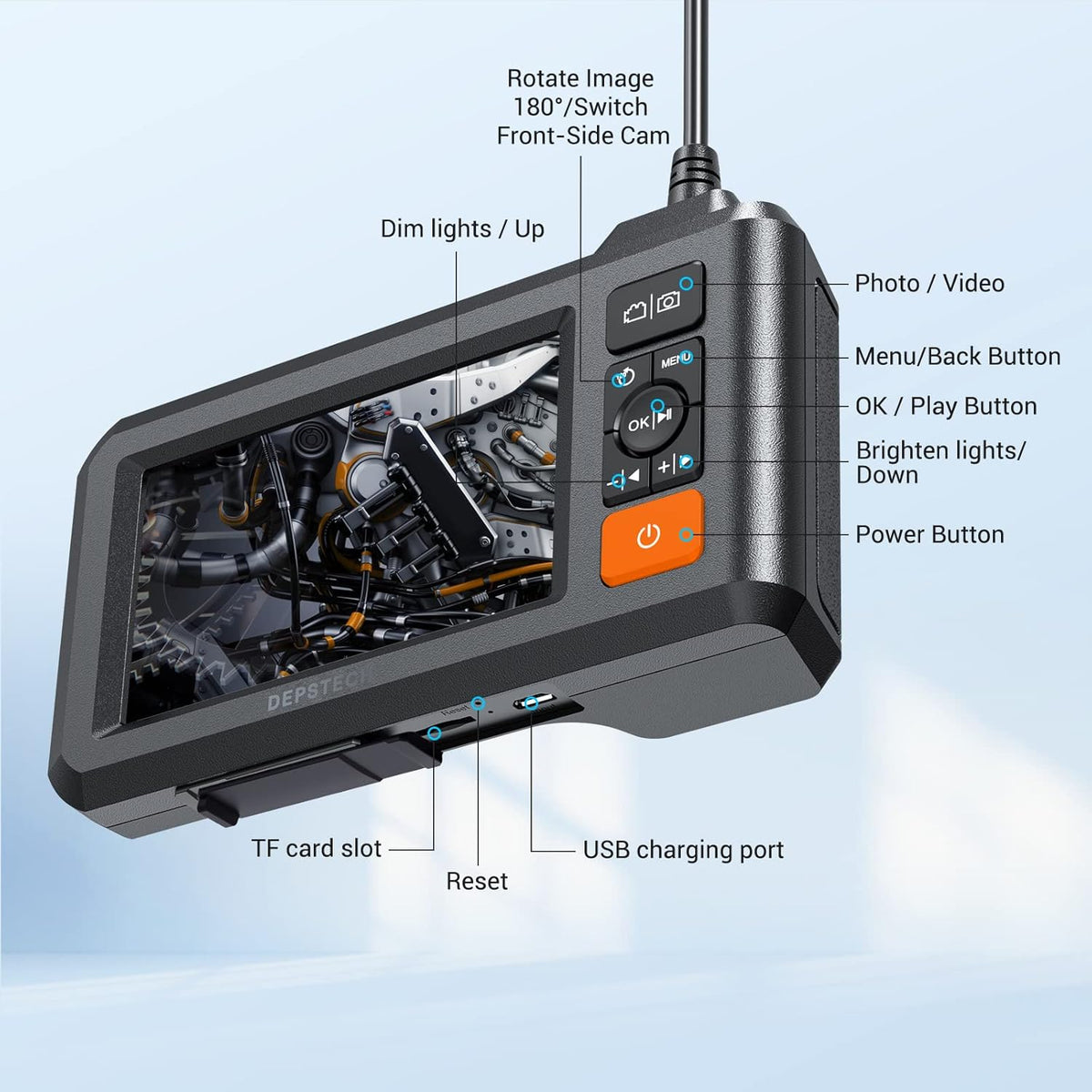 Dual Lens Endoscope with 50FT Semi-Rigid Cable, 1080P Borescope Inspection Camera, 7.9mm, IP67 Waterproof, 7 LED Lights Z5205
