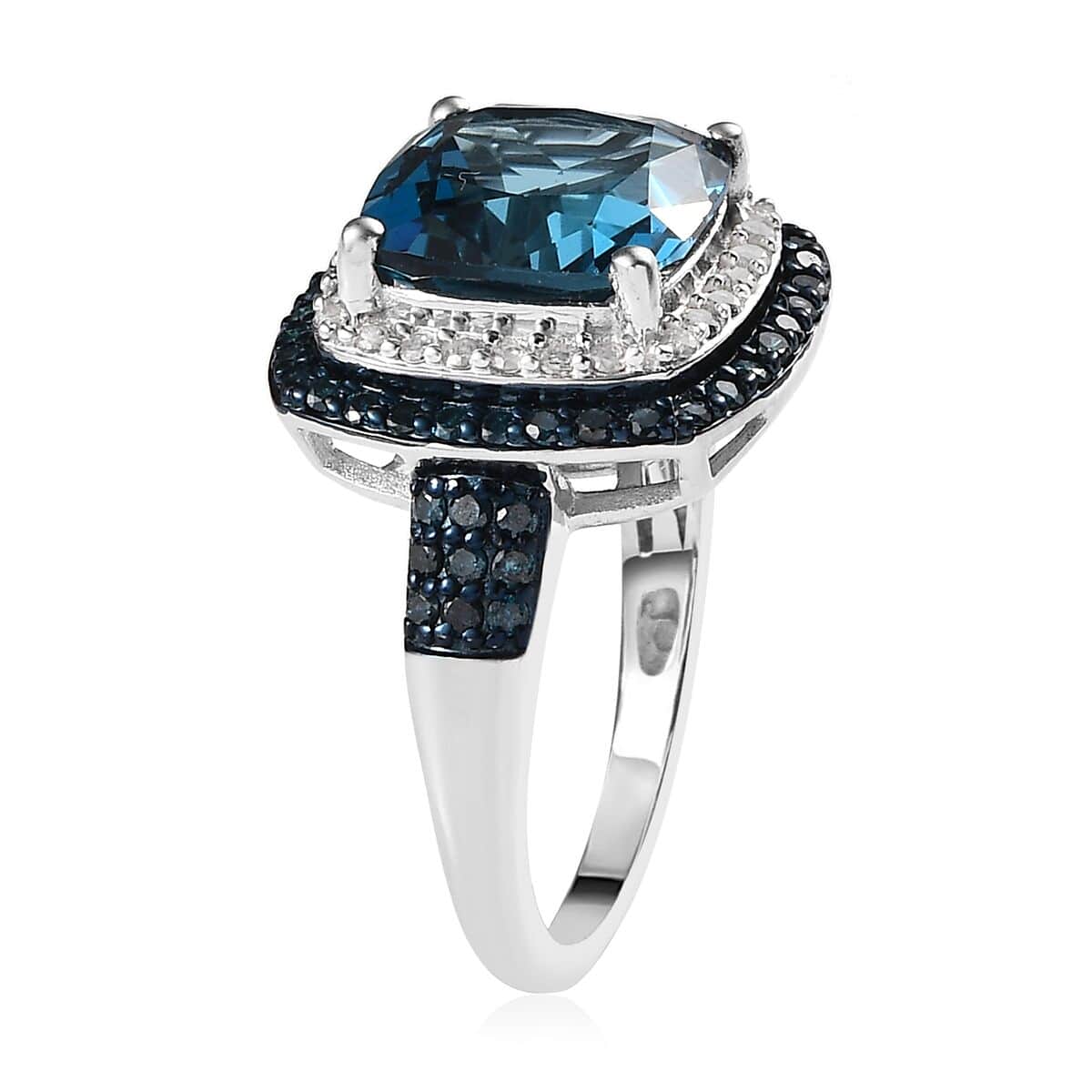 Blue Topaz Blue Diamond Cushion 925 Sterling Silver Platinum Plated Cocktail Ring Size 9 M747