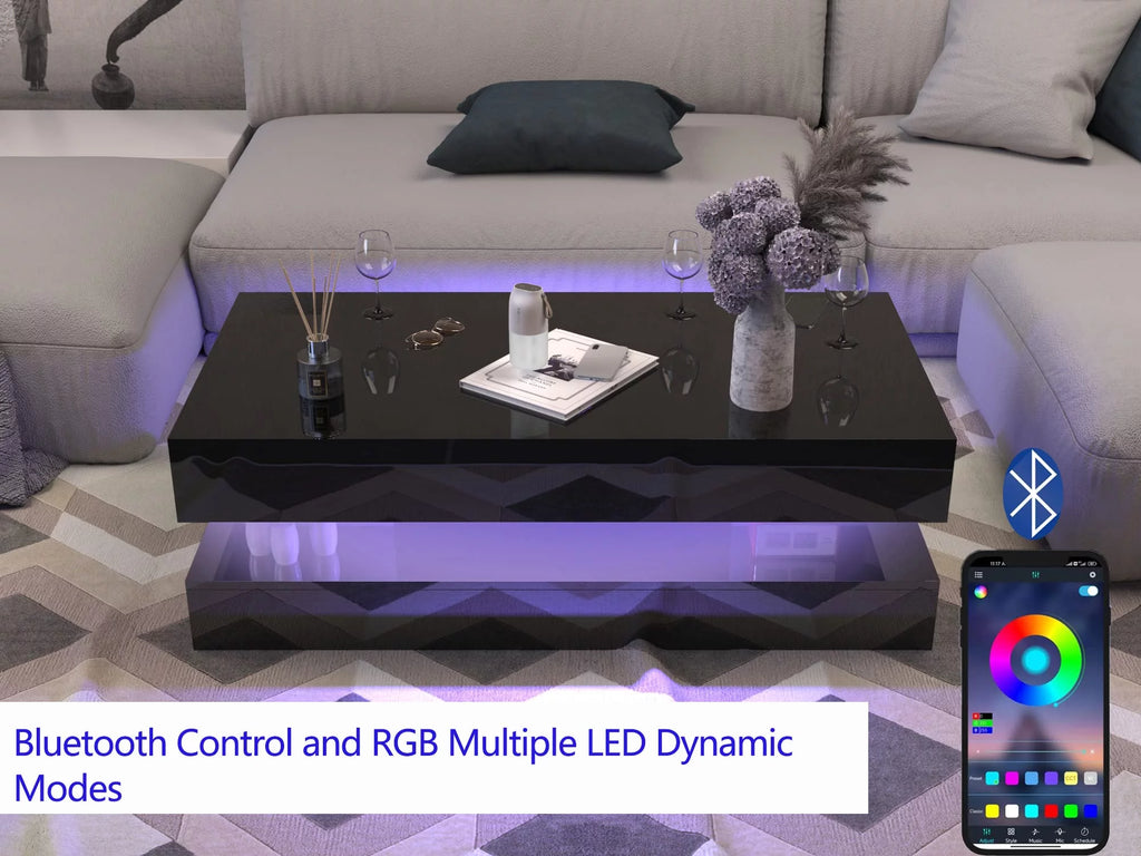 LED Coffee Table with 2 Storage Drawers, High Gloss Black Z570