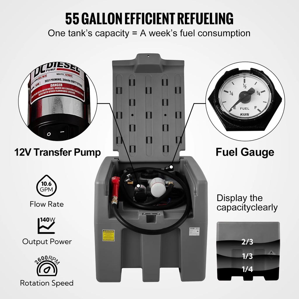 58 Gallon 10 GPM Diesel Fuel Tank with 12V Electric Transfer Pump and 13.1ft Rubber Hose I684902