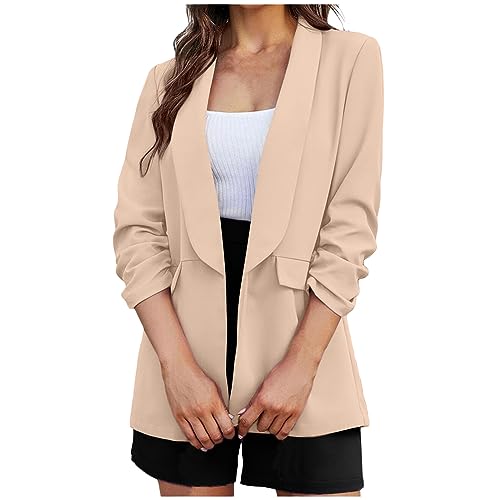 Women's Solid Ruffle 3/4 Sleeve Cardigan Jacket with Pockets G48365