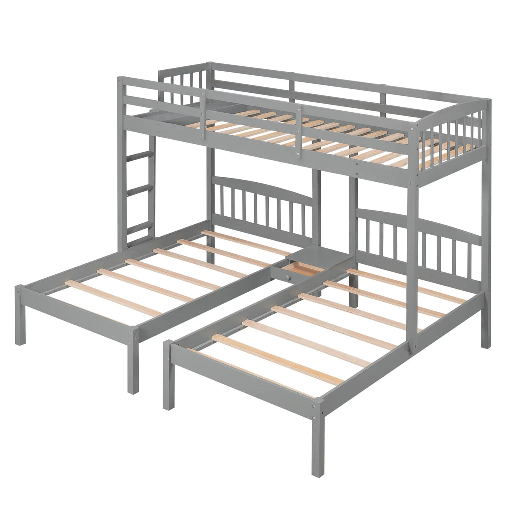 Triple Twin Solid Wood Bunk Beds with Guardrail and Ladder and Built-in Middle Drawer T61361