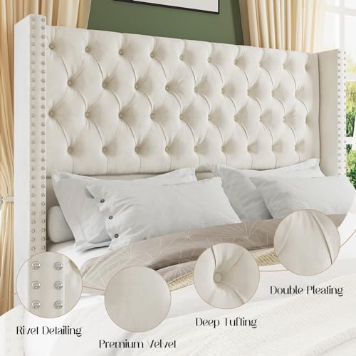 King Upholstered Bed Frame with Tall Headboard Wingback Platform Bed Tufted Deep Button Velvet Light Grey C724306
