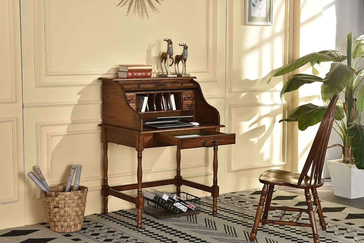 Mini Roll Top Desk Solid Oak Wood Burnished Walnut Finish R6677