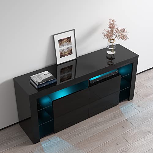 Modern High Gloss 61" TV Stand with Storage Cabinets and LED Lights A7332