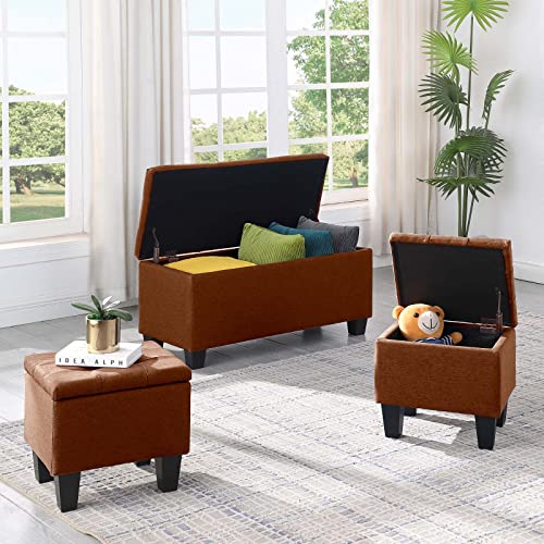 Dark Blue Linen Storage Ottoman Bench I618