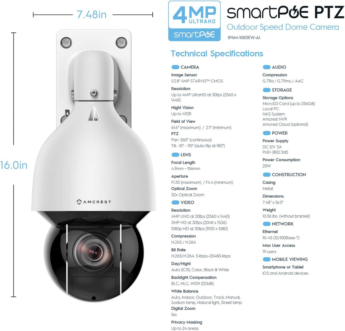 4MP Outdoor PTZ POE IP Camera 32x Optical Zoom F68664
